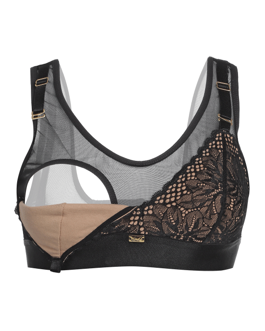 Bralette lactancia en encaje y malla - ALMOND NEGRO